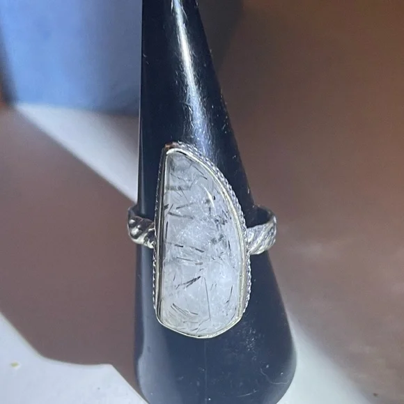 New Artisan Grey Tourmalinated Quartz Stone 925 Sterling Silver Flower Ring - Picture 4 of 17